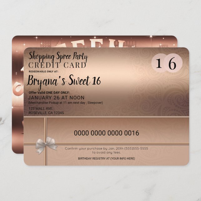 Rose Gold Shopping Spree City Limo Sweet 16 Party Einladung (Vorne/Hinten)