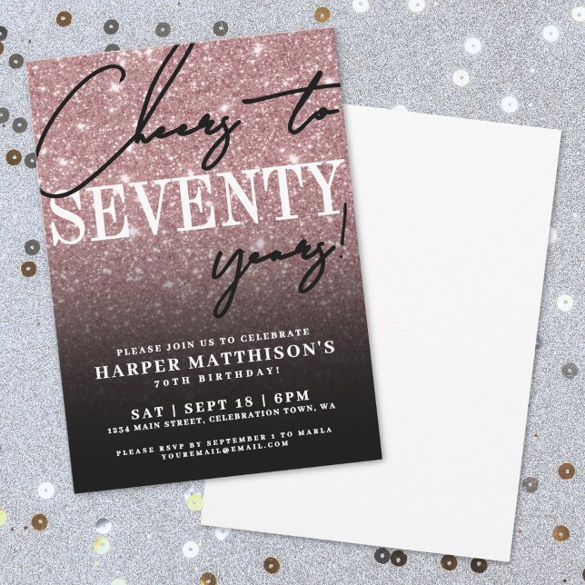 Rose Gold Siebzigster 70. Geburtstag Einladung (Black Rose Gold Seventy 70th Birthday Invitation)