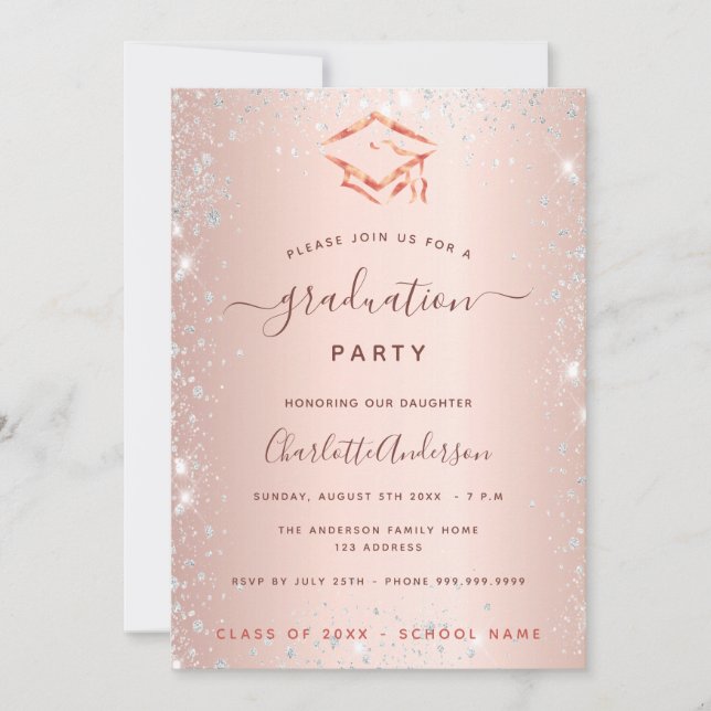 Rose Gold Silber Abschluss Party 2025 Einladung (Vorderseite)