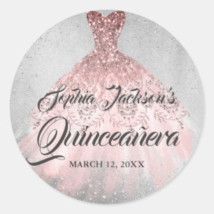 Rose Gold Silber Diamant Glitzernde Ballrobe Quinc Runder Aufkleber