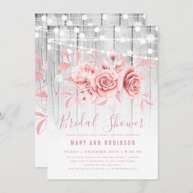 Rose Gold Silber Floral Brautparty Einladung (Vorne/Hinten)