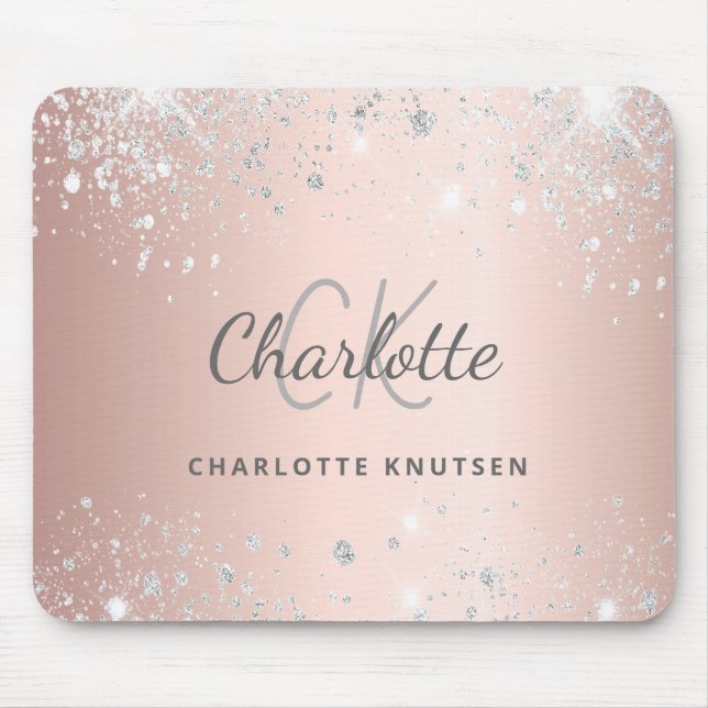 Rose Gold Silber Glitzer Monogramm Name Mousepad (Vorne)