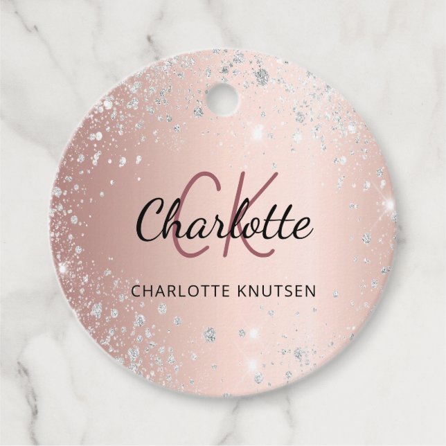 Rose Gold Silber Glitzer Monogramm Namensschrift Geschenkanhänger (Vorderseite)
