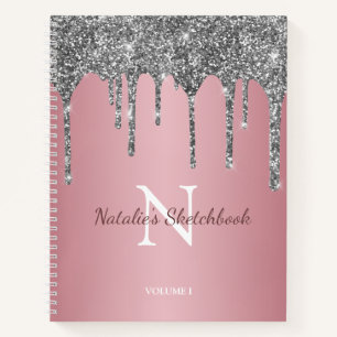 Rose Gold Silber Glitzer Tropfen Monogram Sketchbo Notizbuch