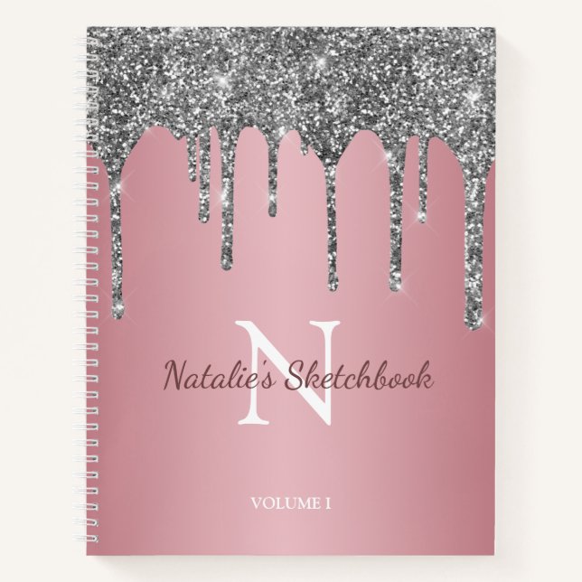 Rose Gold Silber Glitzer Tropfen Monogram Sketchbo Notizbuch (Vorderseite)