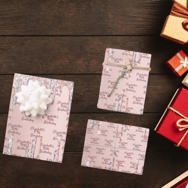 Rose Gold silber Glitzer Tropfen Name Geschenkpapier Set (Von Creator hochgeladen)