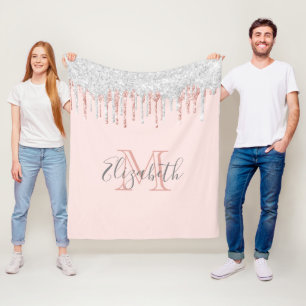 Rose Gold Silber Glitzer Tropfen Rosa mit Monogram Fleecedecke