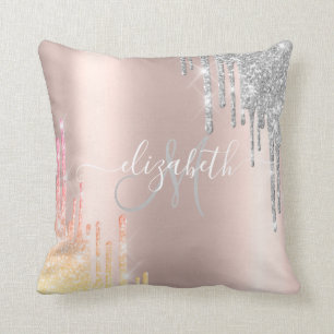 Rose Gold, Silber Ombre Glitter Tropfen Monogramm Kissen