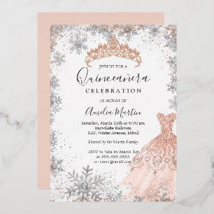 Rose Gold Silber Schneeflocke Winter Quinceanera Folieneinladung
