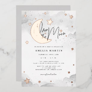 Rose Gold Silber Über den Mond Baby Shower Folieneinladung