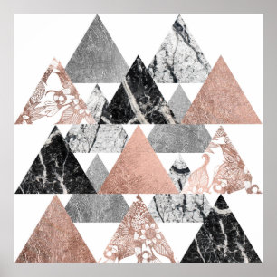 Rose Gold Silber und Geo Dreiecke mit Blumenmuster Poster