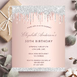 Rose Gold Silbereinladung zum Geburtstag<br><div class="desc">Eine moderne, stilvolle und glamouröse Einladung für die 50. (oder jedes Alter) Geburtstagsfeier einer Frau. Eine Rose goldener Farbverlauf mit Rose Gold, rot und Imitate silberne Glitzer Tropfen, Farbe Tropfen Aussehen. Personalisieren und fügen Sie einen Namen und Party-Details hinzu. Der Name ist mit einer modernen dunklen Rose goldfarbenen Handschrift geschrieben,...</div>