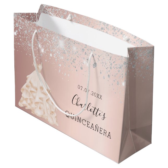 Rose Gold Silberkleid Name Quinceanera Große Geschenktüte (Rückseite Schrägansicht)