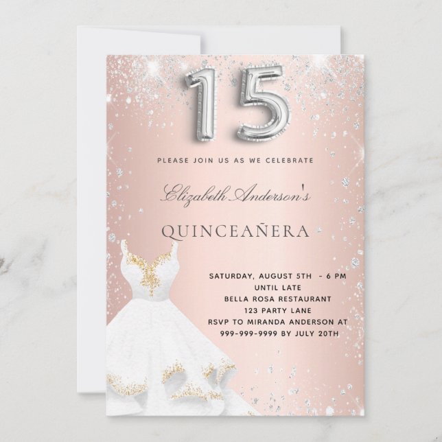 Rose Gold Silberkleid Quinceanera Einladung (Vorderseite)
