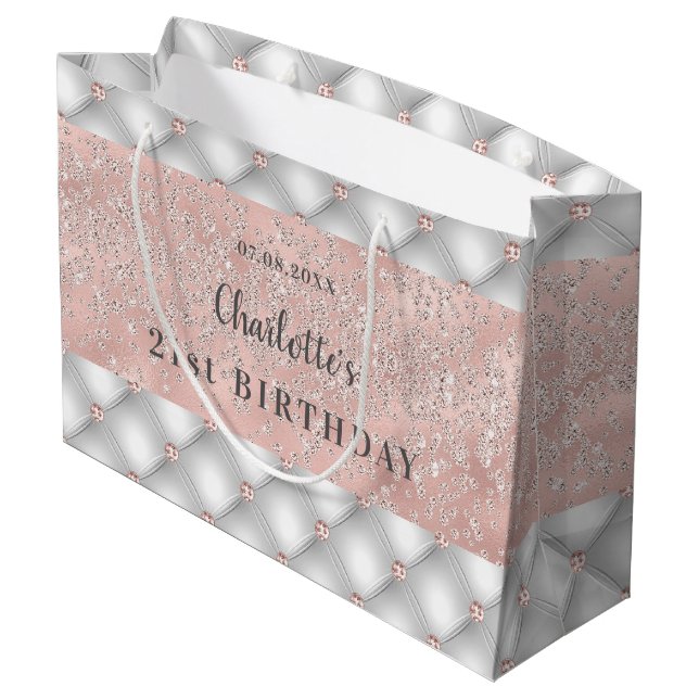 Rose Gold Silberne Glitzer glamourös Große Geschenktüte (Rückseite Schrägansicht)