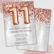 Rose Gold Silver 11. Geburtstagsparty Einladung
