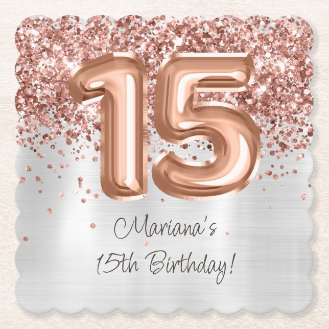 Rose Gold Silver 15. Geburtstagsparty Untersetzer (Vorderseite)