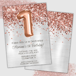 Rose Gold Silver 1. Geburtstag Party Einladung