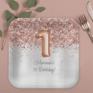 Rose Gold Silver 1. Geburtstag Party Pappteller