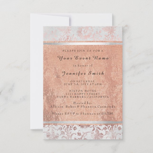 Rose Gold Silver Bridal 16. Damask Grungy Hütte Einladung (Vorderseite)
