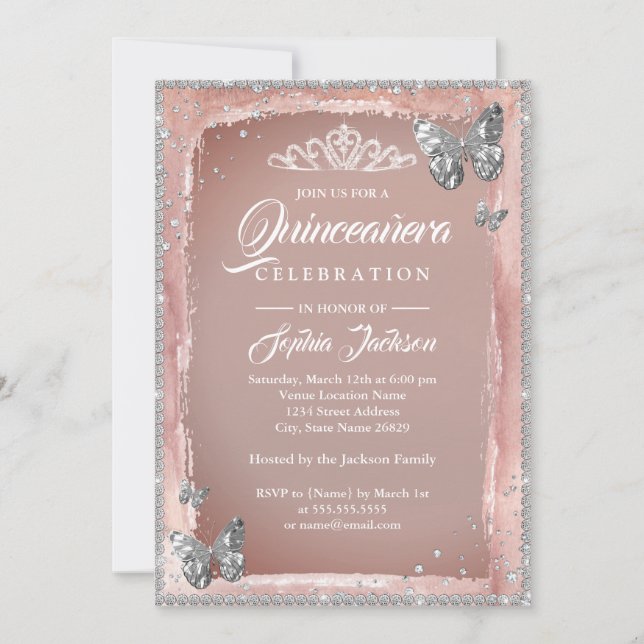 Rose Gold Silver Butterfly Quinceanera Einladung (Vorderseite)