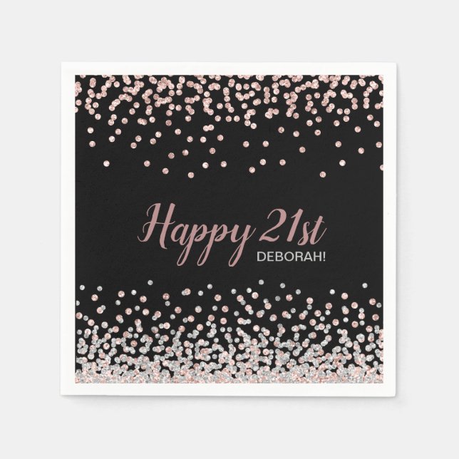 Rose Gold Silver Confetti 21. Geburtstag Party Serviette (Vorderseite)