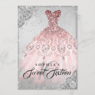 Rose Gold Silver Diamond Sparkle Gown Sweet 16 Einladung