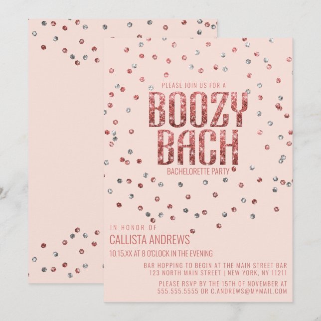 Rose Gold Silver Glitzer Confetti Bachelorette Einladung (Vorne/Hinten)