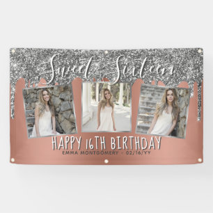 Rose Gold Silver Glitzer Tropfen Foto 16. Geburtst Banner