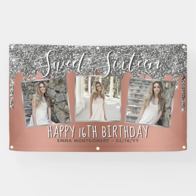 Rose Gold Silver Glitzer Tropfen Foto 16. Geburtst Banner (Horizontal)