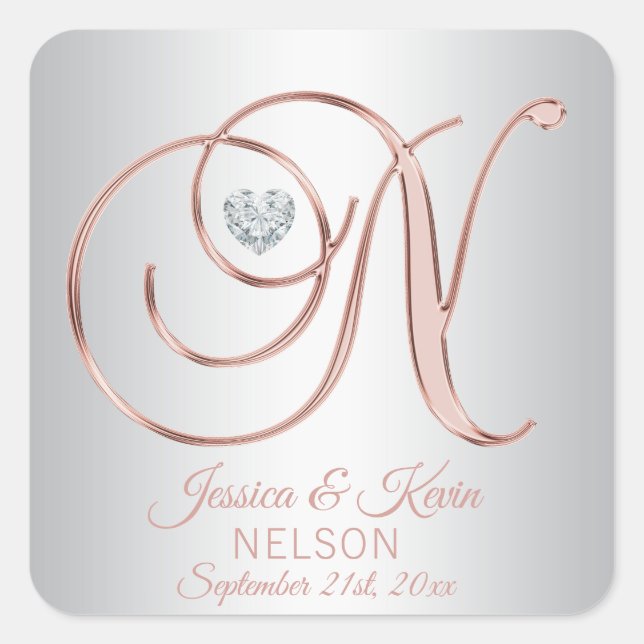 Rose Gold Silver Gray Monogram Heart Wedding Quadratischer Aufkleber (Vorderseite)