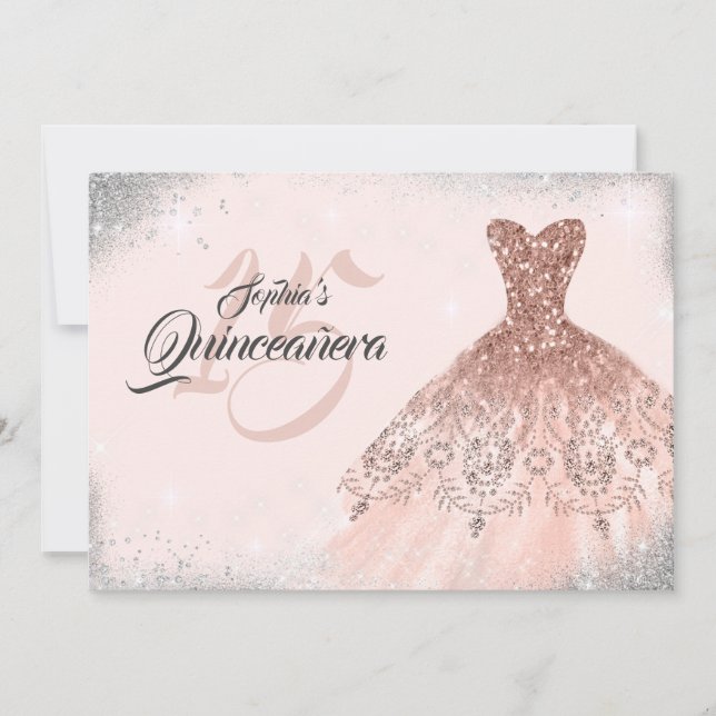 Rose Gold Silver Sparkle Spitzen Gown Quinceanera Einladung (Vorderseite)