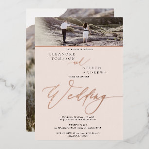 Rose Gold Skript erröten 2 Fotos Hochzeit Folieneinladung