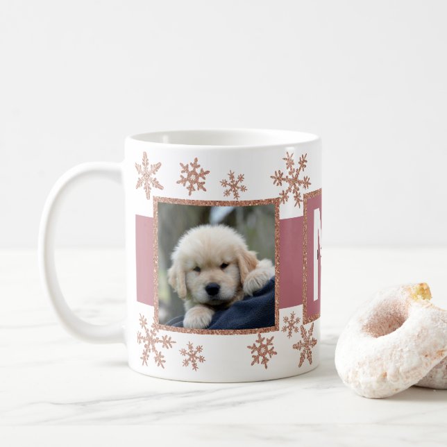 Rose Gold Snowflake 2 Foto Monogramm Weihnachten Kaffeetasse (Mit Donut)