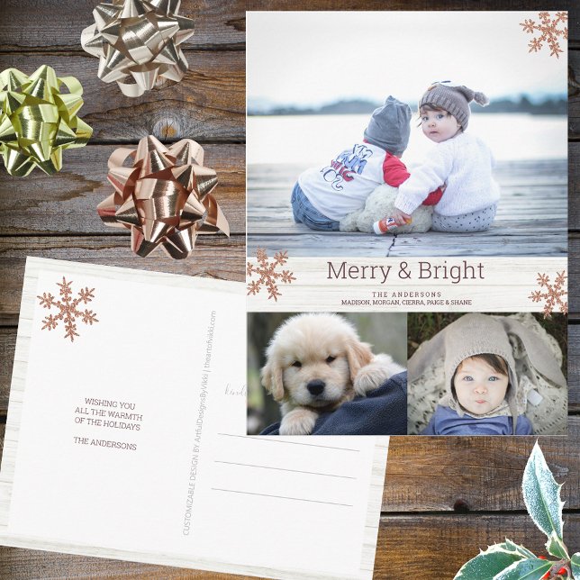 Rose Gold Snowflake 3 Fotocollage Urlaub Postkarte (Personalize these 3 photo Christmas postcards with your name, pictures and custom holiday greeting.)