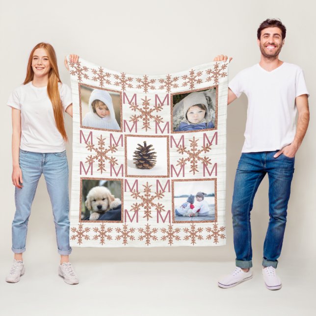Rose Gold Snowflake Optionales Monogramm 5 Foto Fleecedecke (Beispiel)