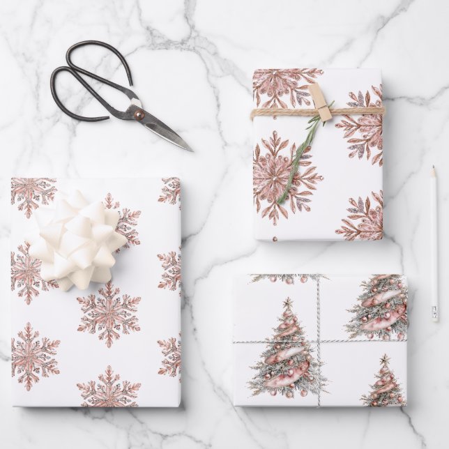 Rose Gold Snowflake Weihnachtsbaumen Geschenkpapier Set (Vorderseite)