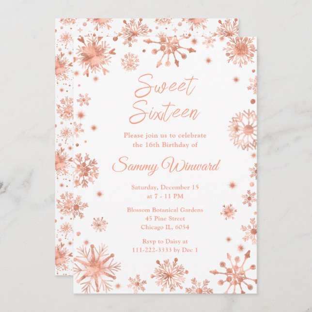 Rose Gold Snowflakes 16 . Geburtstag Einladung (Vorne/Hinten)