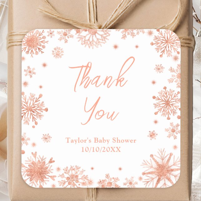 Rose Gold Snowflakes Babydusche Danke Quadratischer Aufkleber (Von Creator hochgeladen)