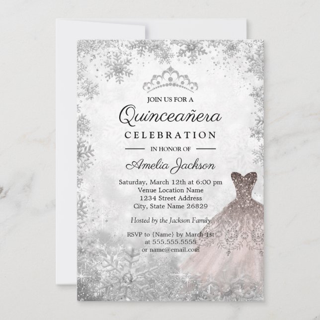 Rose Gold Sparkassen Schneeflocken Winter Quincean Einladung (Vorderseite)