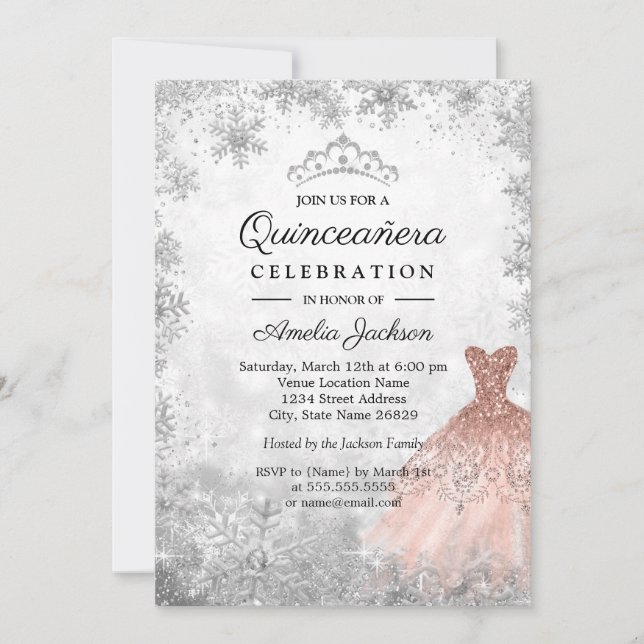 Rose Gold Sparkassen Schneeflocken Winter Quincean Einladung (Vorderseite)