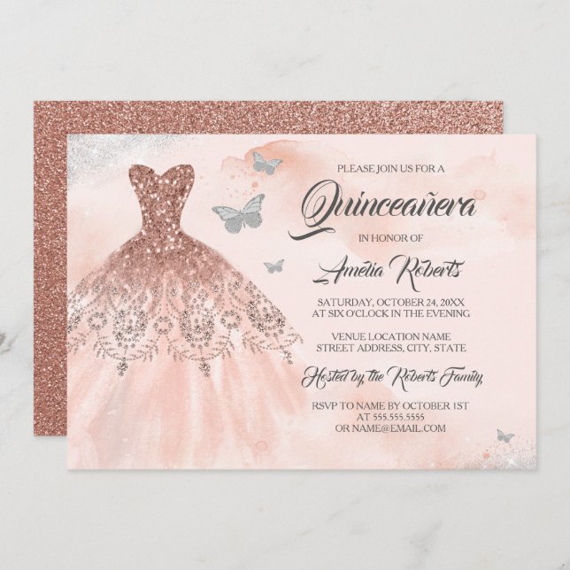 Rose Gold Sparkkleid Aquarellfarben Quinceanera Einladung (Vorne/Hinten)