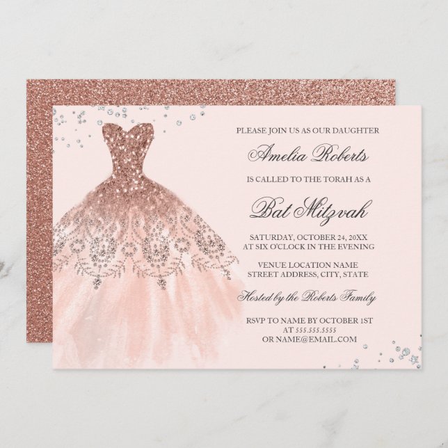 Rose Gold Sparkkleid Diamond Bat Mitzvah Einladung (Vorne/Hinten)