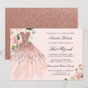 Rose Gold Sparkkleid Floral Bat Mitzvah Einladung