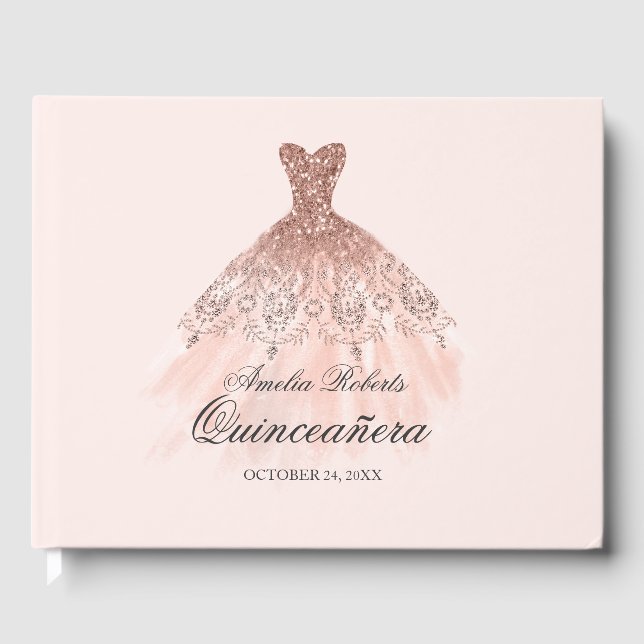 Rose Gold Sparkkleid Quinceanera Gästebuch (Vorderseite)