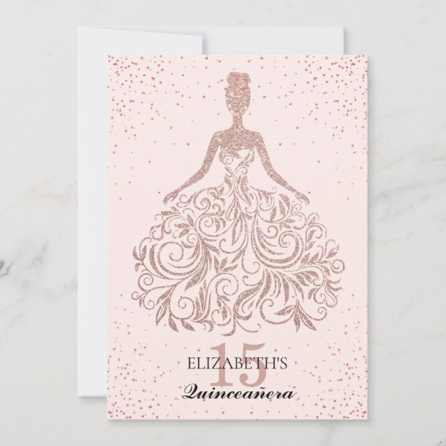 Rose Gold Sparkkleid Quinceañera Glitzer Rosa Einladung (Vorderseite)
