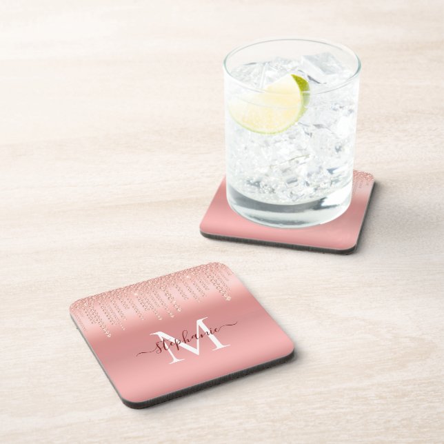 Rose Gold Sparkle Diamond Monogram Script Getränkeuntersetzer (Rechte Seite)