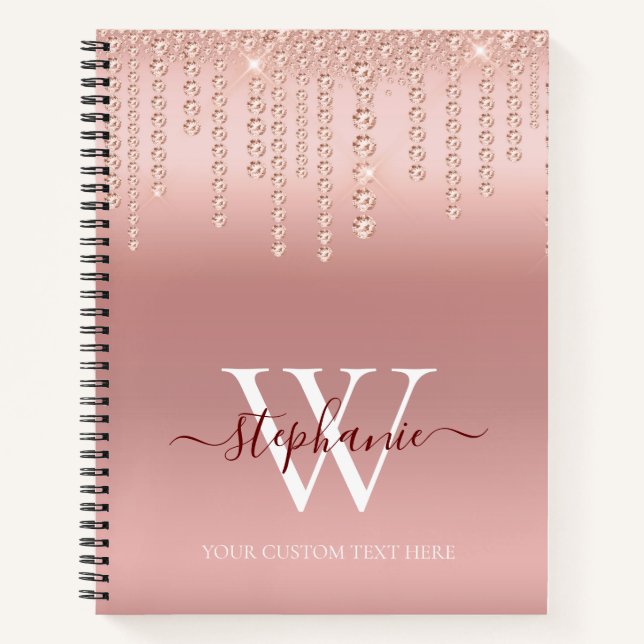 Rose Gold Sparkle Diamond Monogram Script Notizbuch (Vorderseite)
