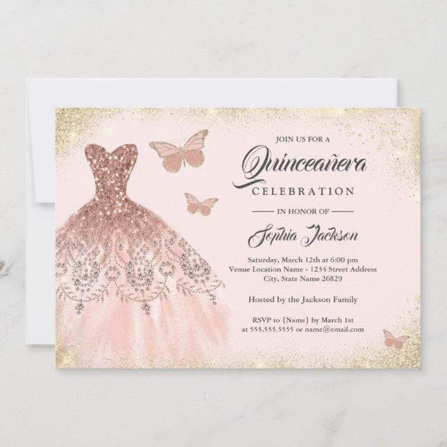 Rose Gold Sparkle Dress Butterfly Quinceanera Invi Einladung (Vorderseite)