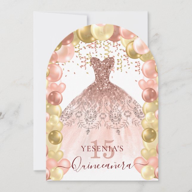 Rose Gold Sparkle Dress Quinceañera Ballon Arch Einladung (Vorderseite)